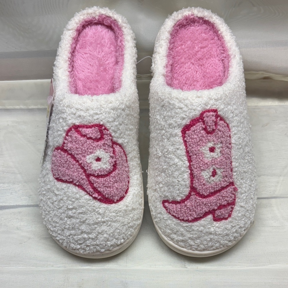 Pink Cowgirl Hat and Pink Boot White fuzzy Slippers
